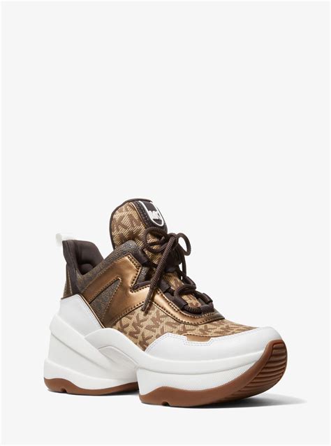 michael michael kors olympia logo and leather trainer|More.